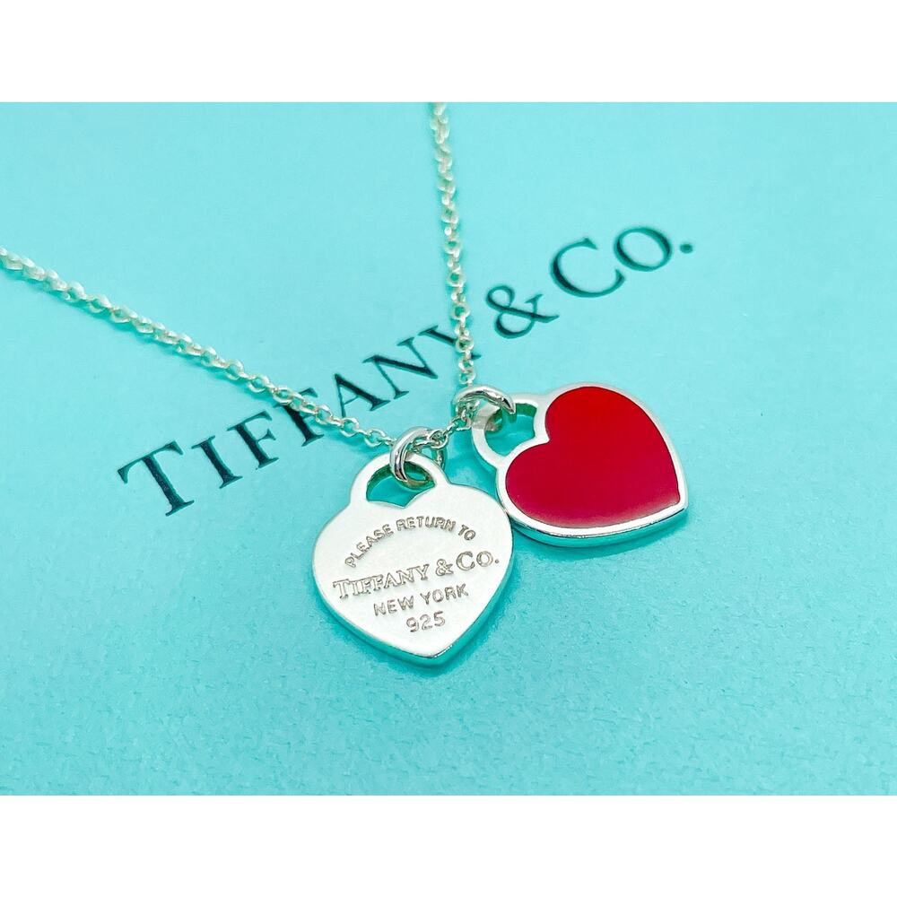 Tiffany & Co. Return Red Mini Double Heart Pendant Necklace 16-18" (ENGRAVED) - Picture 7 of 12